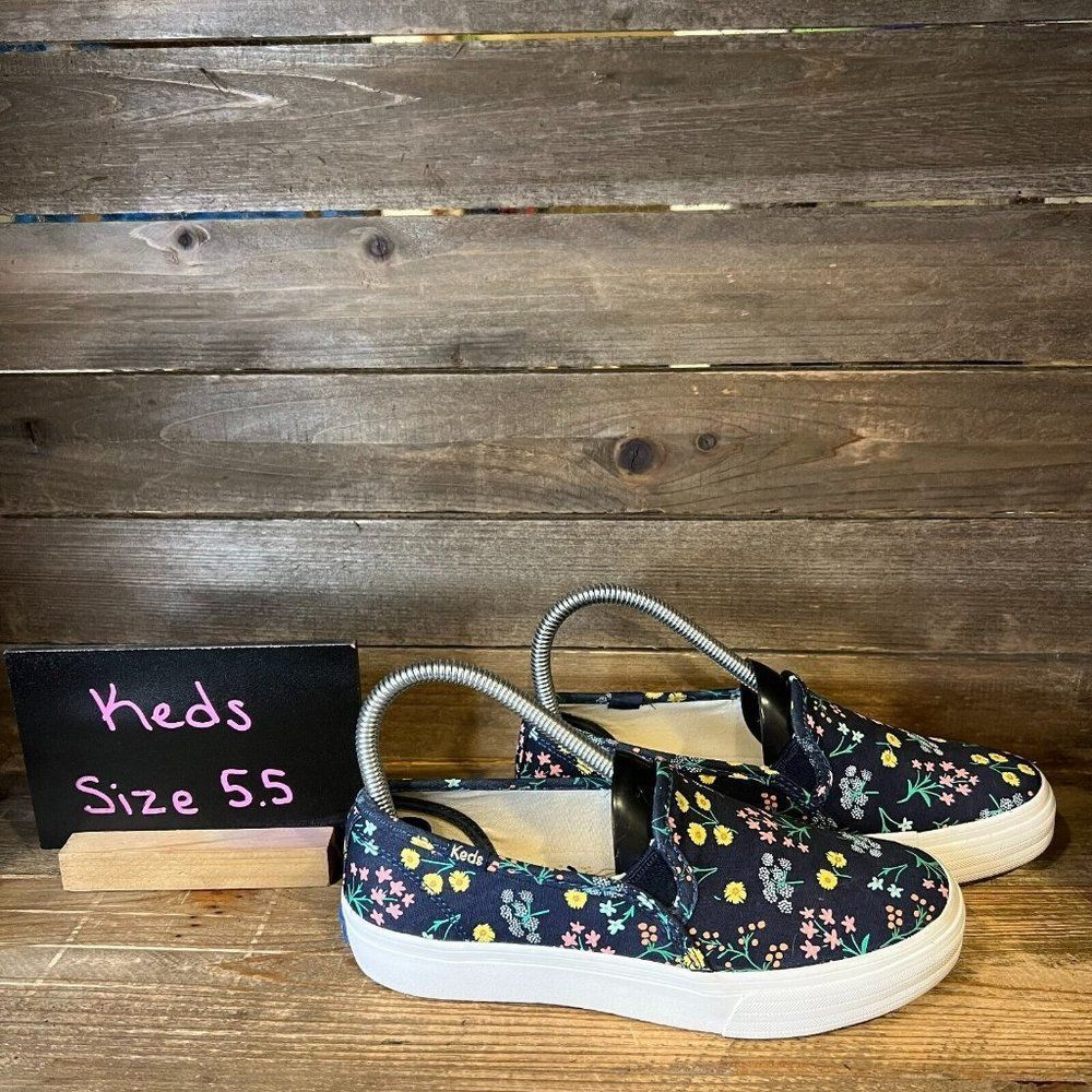 Womens Keds Rifle Paper Co Blue Floral Print Slip On Shoes Sneakers Size 5.5 M